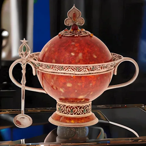 На память: Сахарница декоративная из янтаря с ложечкой